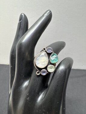 Sterling Silver Multi-Stone Ring With Moonstone Amethyst Peridot & Emerald Accen